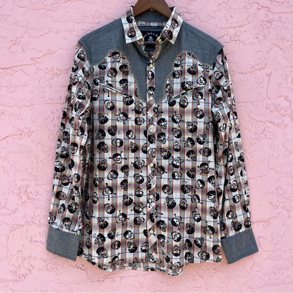 Rock Roll n Soul Button Up Shirt All Over Print Pearl Snaps Western Skull Plaid